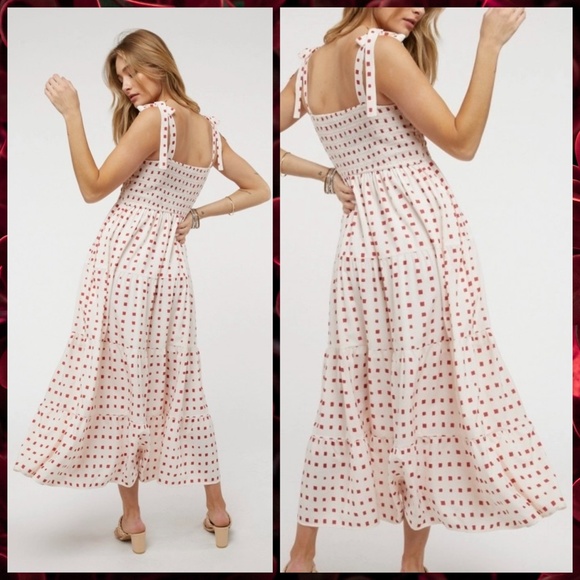 Lux Brand Lined Maxi Dress Smocked, Ruffled Tiers, Wide Shoulder Ties & Pockets - Picture 2 of 14